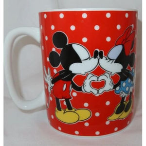 DISNEY Mug Mickey and Minnie Mouse Kissing Coffee Mug Red White Polka Dot Love
